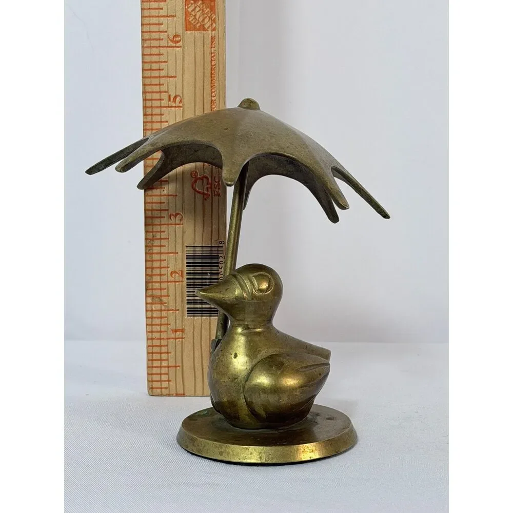 Vintage Brass Rubber Duck Holding Umbrella India Decor Mid Century Decor 5